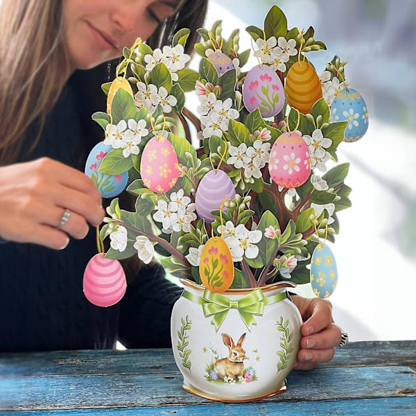 Pop-up-kort, påskeægstræ, 12 tommer livsstil blomst buket 3D pop-up lykønskningskort med blankt notekort og kuvert  ZD B2U