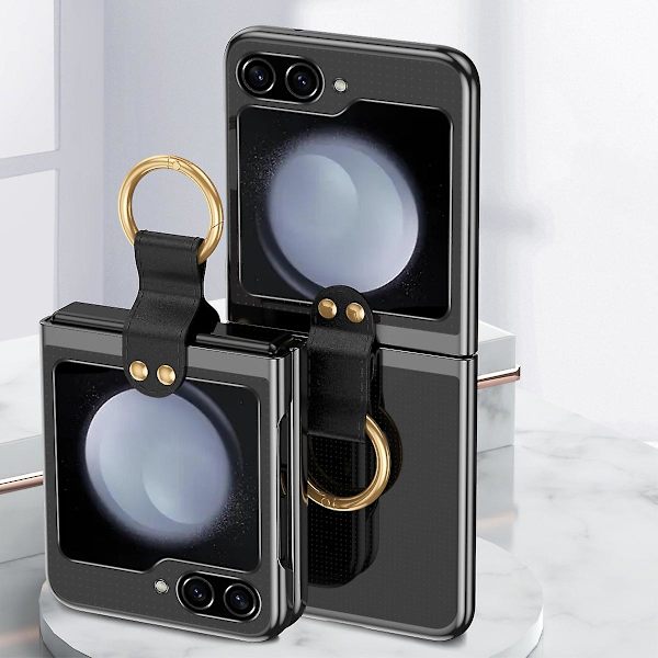 For Samsung Galaxy Z Flip 6 Forgyldt Klar Case med Ringholder, Slank Hård PC Anti-Drop Stødsikker Beskyttelsesetui black