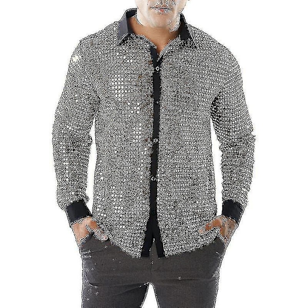 Herre skinnende paljett mesh topp, 60-70-talls disco dansskjorte ZD B2 m