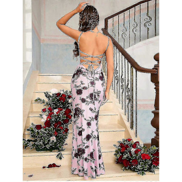 Sommer Fashion Trykt Camisole Lang Kjole Kvinders Seksuel Rygløs Bandage Kjole -CHN l