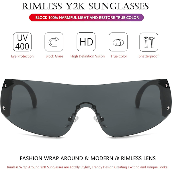 AIEYEZO Rimless Y2K Solbriller Kvinder Mænd Oversized Fashion Wrap Around Rammeløse Solbriller black