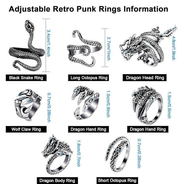 8 kpl Vintage Punk -sormukset, Oktopus, Lohikäärme, Käärme, Säädettävät