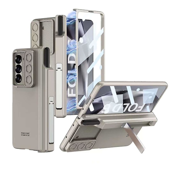 Samsung Galaxy Z Fold 6:lle tarkoitettu saranan suoja ja S Pen -kotelo, sisäänrakennettu näytönsuoja ja jalusta, koko kehon kotelo titanium gray
