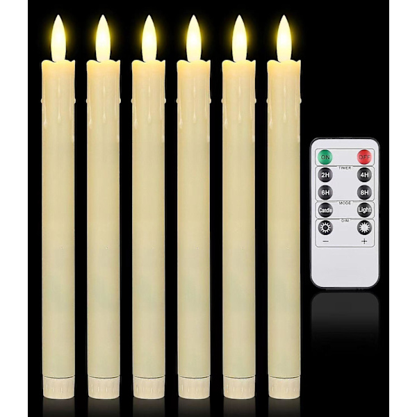6 stk. Flammeløse Spisslys med Fjernkontroll, 25 cm LED Lysestaker med Flimrende Flamme, Dryppfrie Vindu Lys For Juledekorasjon Batteridrevet