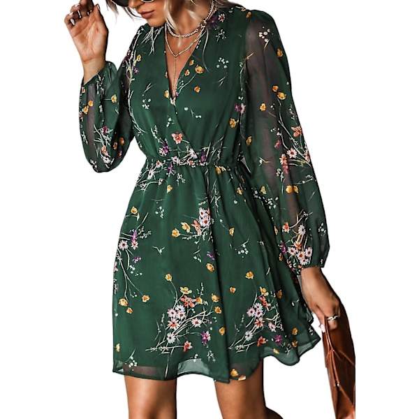 Kvinde Floral Print Chiffon A-Line Minikjole Lange Bondeærmer -GSL navy 2