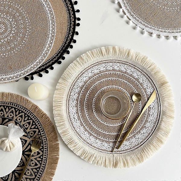 Kreativ Mandala Rund Underlägg Boho Vävd Makramé Fransar Bomullsband Bord Matta Värmebeständig Kopp Tallrik Underlägg Dekoration style 4