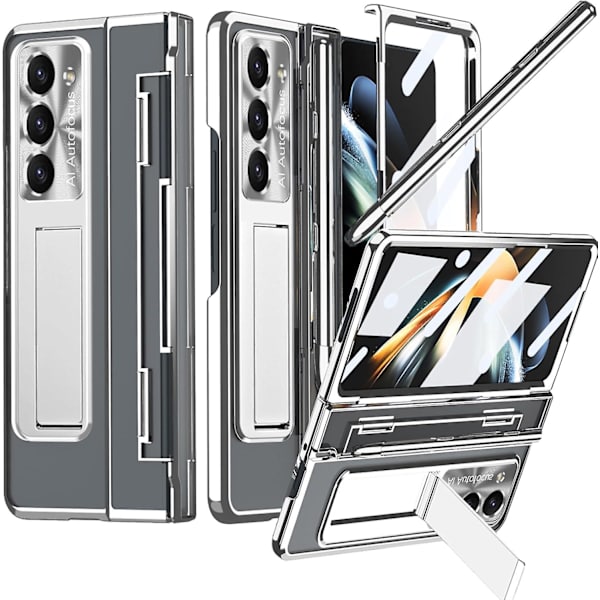 Klarfodral för Samsung Galaxy Z Fold 6 med S Pen-hållare & Flat Hinge Protector & Stativ, Smalt PC All-Inclusive Stötsäkert Fodral silver