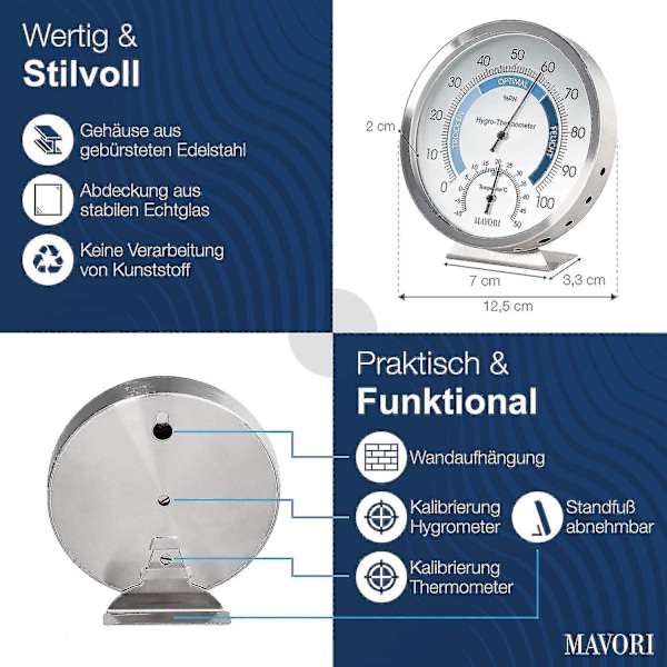 Indendørs analog hygrometer termometer - Høj kvalitet rustfrit stål fugtighedsmåler og stue termometer til pålideligt og behageligt indeklima Co