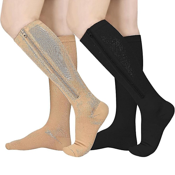 Evolyline 2 Pairs Zipper Compression Socks for Women Men Medical 15-20 mmHg, Closed Toe Flight Socks Graduated Support Socks, Perfect for Varicose Vei