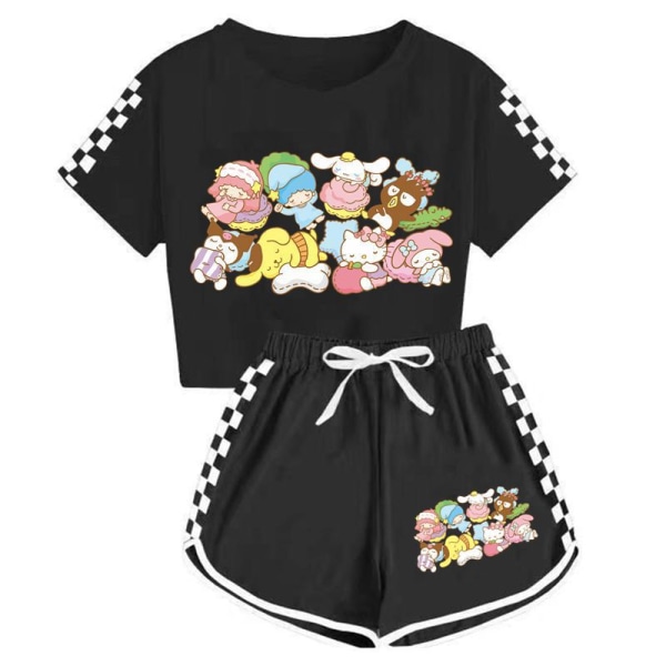 Sanrio mænds og kvinders T-shirt + shorts sportspyjamas børnesæt black 160cm
