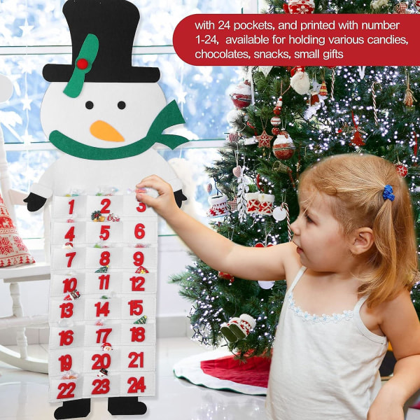 Filt julesnemand adventskalendere med 24 dages lommer Jule genopfyldelig nedtællingskalender Genanvendelig hængende adventskalenderindretning