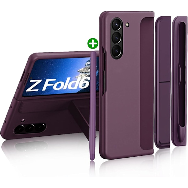 Etui til Samsung Galaxy Z Fold 6 med S Pen, utskiftbar S Pen-holder og kickstand, matt PC støtsikker full-body robust etui dark purple