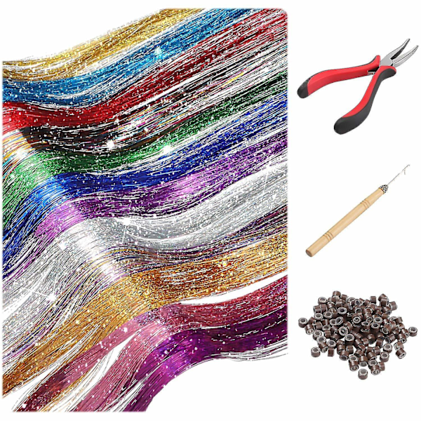 Hårglittertråder med verktøy 12 farger 1800 tråder Fehår Varmebestandig Glitter Hårglittertrådersett 120cm