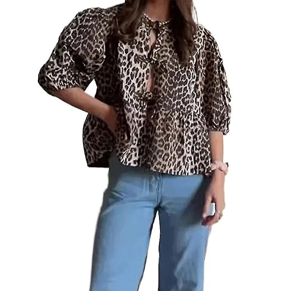 Kvinners Topper Leopard Print Hollow Out Skjorter Causal Kort Ermet Blonder Opp Topper ZD