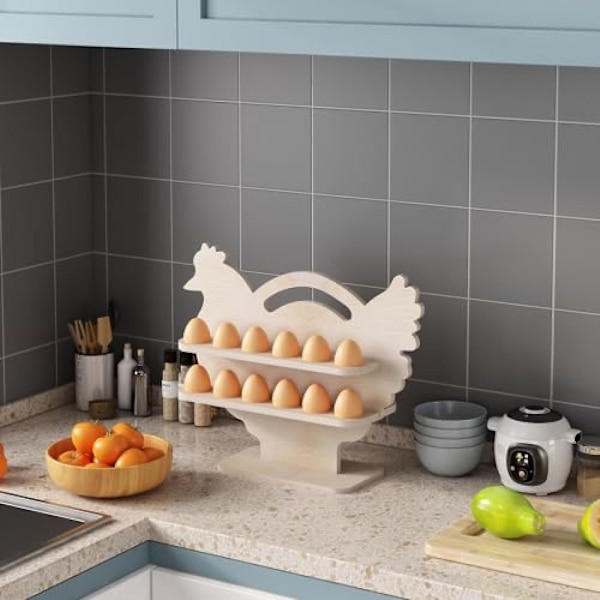 Kylling Egg Holder Benkeplate i Tre Oppbevaring Display Kurv Rustikk Kjøkken Dekorasjon for 24 Friske Egg, Naturlig Tre -GSLA white
