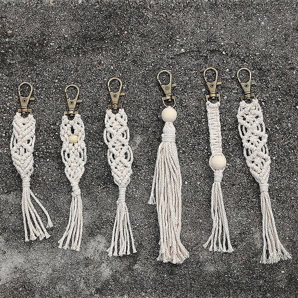 3-pack Makrame Nyckelringar Boho Makrame Väska Charm med Trasor Bilhängande Smycken