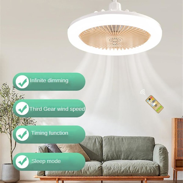 Takfläktar med Fjärrkontroll och Ljus LED-lampa Fläkt E27 Konverteringsbas Smart Tyst Takfläktar för Sovrum Vardagsrum white