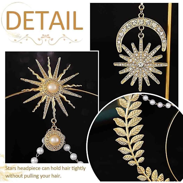Gudinne Halo Krone Rhinestone Måne Blad Krone Hodebånd Tiara Måne Boho Hodeplagg med Måne Stjerne Dangle Øredobber for Kvinner Jenter