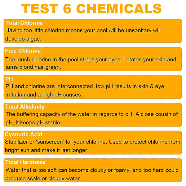 6 i 1 Svømmebasseng Teststrimler for PH, Cl, Total Alkalitet og Fri Klor - 50 stk