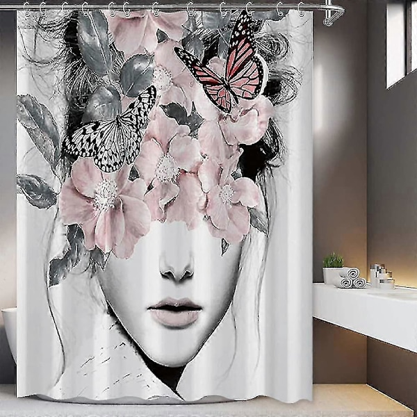Blomster Bruseforhæng Kvinder Æstetisk Bruseforhæng Rose Blomst Blomst Butterfly Skitse Badeforhæng Hvidt Stof Vandafvisende Badeværelse Dekoration Curt