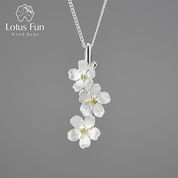 Ægte 925 Sterling Sølv Lang Elegant Forglemmigej Blomster Vedhæng Mode Smykker Kæder og Halskæde til Kvinder Gave mix colour pendant and chain