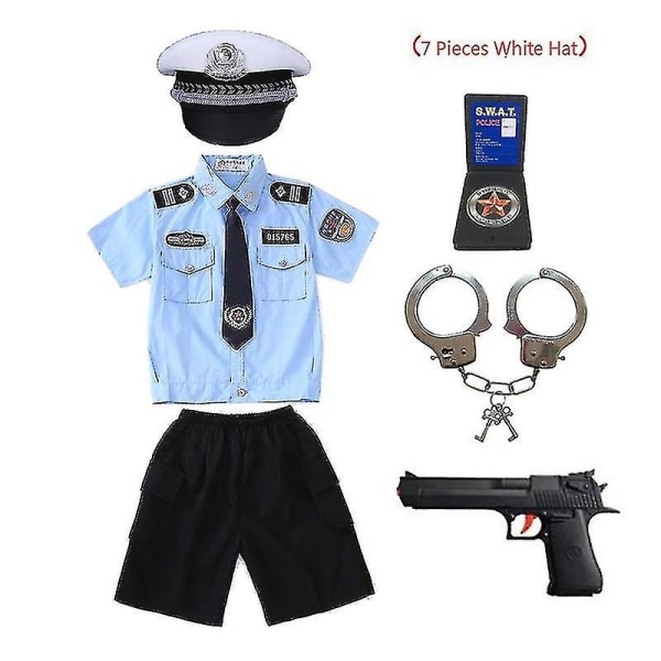 Nya barn Barn polis Polis Uniform Halloween polisdräkt Pojkar Flickor Polis Cosplay polisdräkt med handbojor Z Boy 7 Pieces Kids 100