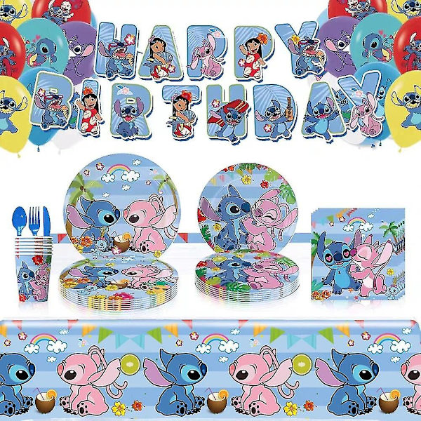Sininen ommel Syntymäpäiväjuhlat Koristeet Piirretty Lilo Ja Stitch Teema Astiastosetti Kupit Lautasia Ilmapallo Lapsi Juhlatarvikkeet 4pcs set