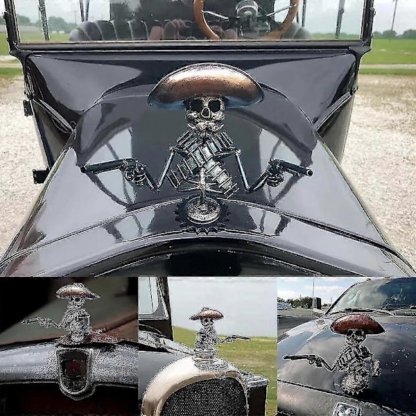 Cowboy Skull Gunslinger -huppuornamentti, siisti luurankofiguuri, auton ja kuorma-auton huppuornamentti, metalliluurankohuppuornamentti, auton sisustus A1331 -CHSZ