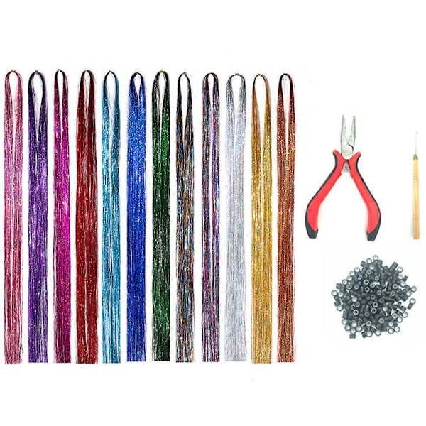 12 Färger Glitter Hårförlängningar Glittrande Tinsel 120CM för Kvinnor & Flickor Håraccessoarer för Jul Nyår