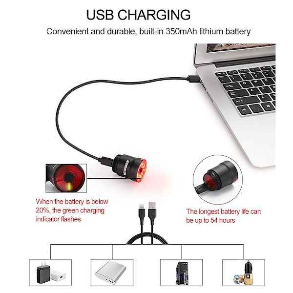 Älykäs polkupyörän takavalo Automaattinen käynnistys ja pysäytys Jarrutus IPX6 Vedenkestävä USB-lataus