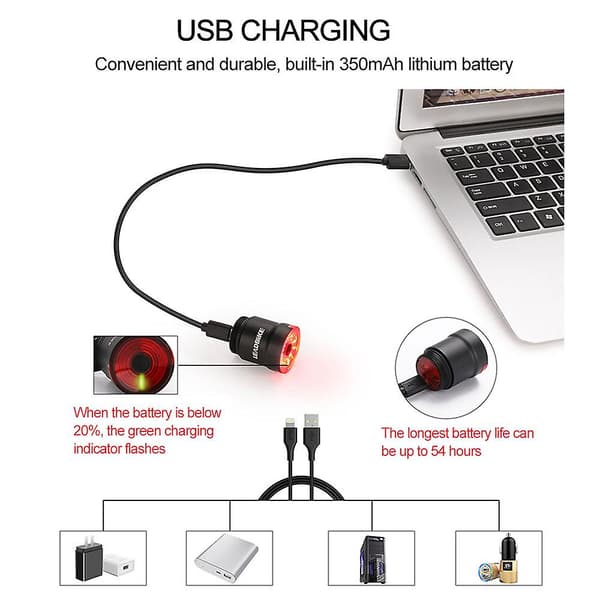 Smart Sykkel Baklys Auto Start Stopp Brems IPX6 Vanntett USB Lading