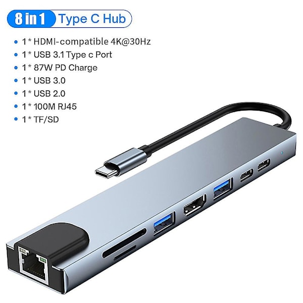 8-i-1 USB-C-hubb Typ C till USB 3.0 4k Hdmi Pd-adapter för Iphone Macbook Pro/air -CNSZ