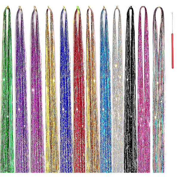 Hair Tinsel Kit, 12 Colors 48 Inch 2600 Strands Hair Tinsel Strands Kit , Heat Resistant & Hair Glitter Tinsel Hair Extensions