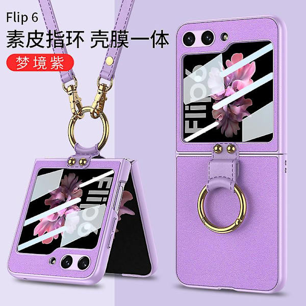 Kompatibel Samsung Galaxy Z Flip 6 Etui med Skærmbeskytter & Krydsrem, Ultra Tynd PC+PU Læder Cover med Ring purple