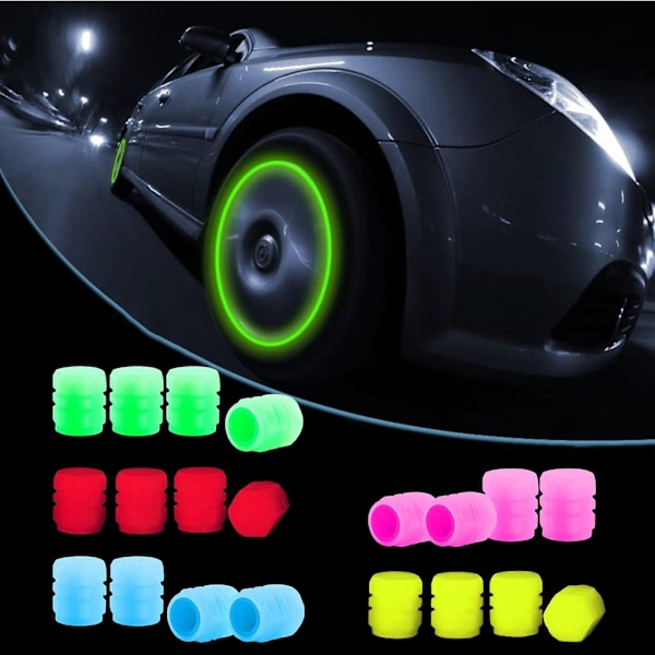 4 stk/sett fluorescerende dekkventilstammehetter, selvlysende automatisk hjulluftventilhette, universelle dekorasjonstilbehør for bil/SUV/sykkel/lastebiler/motorsykler - red