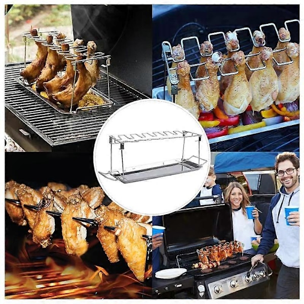 BBQ Kyllingben- og Ving Grillrist 14 Slots Rustfrit Stål Grillrist til Drumsticks Holder Ovn Stege Stativ med Drypbakke Værktøjer 2pcs