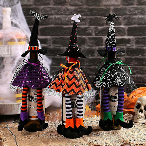 Halloween Vinflaskeöverdrag Unik Häxhatt Lång Fot Häxflaska Ärm Kreativ Hembordsdekoration Halloween Festdekoration -CHN black