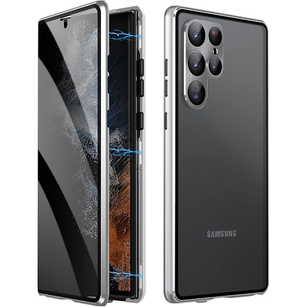 Tietosuojallinen Magneettinen Kotelo Samsung Galaxy S24 Plus:lle - Karkaistu Lasi, Täyspeitto, Käännettävä, Metallireuna, Suojaava Puhelimen Kotelo silver
