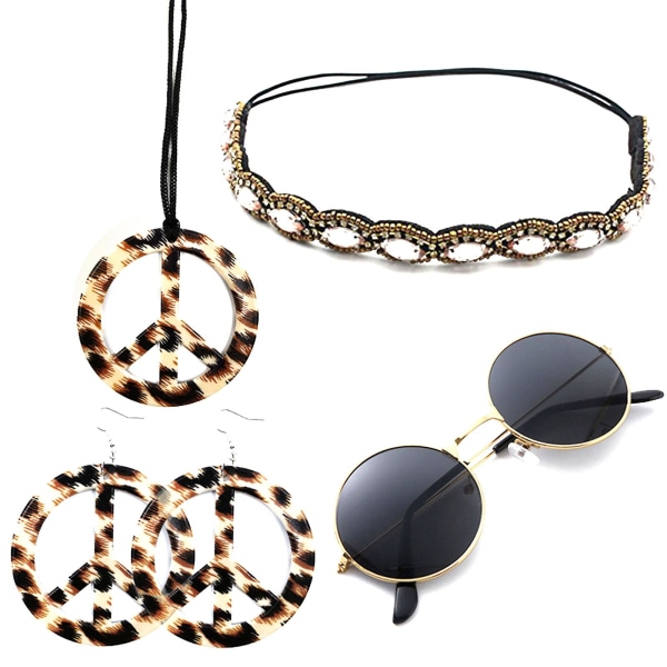 Hippieset set solglasögon, pannbandshalsband och örhänge Leopard Print