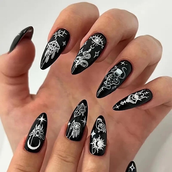 Almond Press on Nails Medium Stiletto Black Fake Nails with Nail Glue Moon Star False Nails 24Pcs Full Cover Acrylic Nails  ZD E