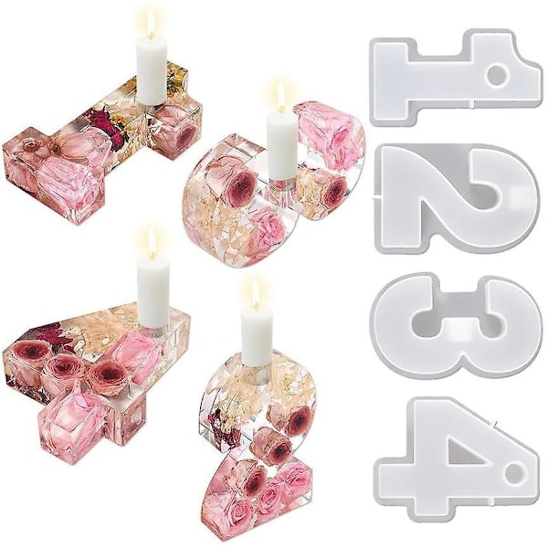 4 st 3D Nummer Ljusformar, DIY Silikonform Ljusstake 3D Nummer Ljusstake Epoxihartsform Dekor Ljusstativ Gjutform