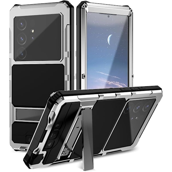 Aluminiumpansarfodral för Samsung Galaxy S24 Ultra, Militärt Slitstarkt Helkroppsrobust Fodral med Skärmskydd & Kamerasobjektivskydd silver