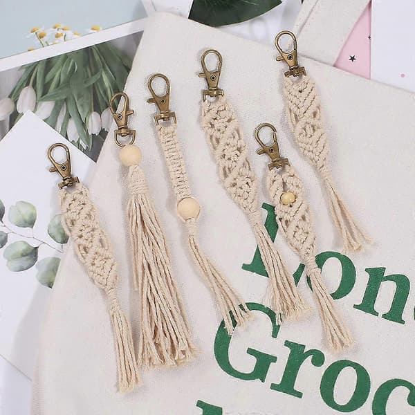 3-pack Makrame Nyckelringar Boho Makrame Väska Charm med Trasor Bilhängande Smycken