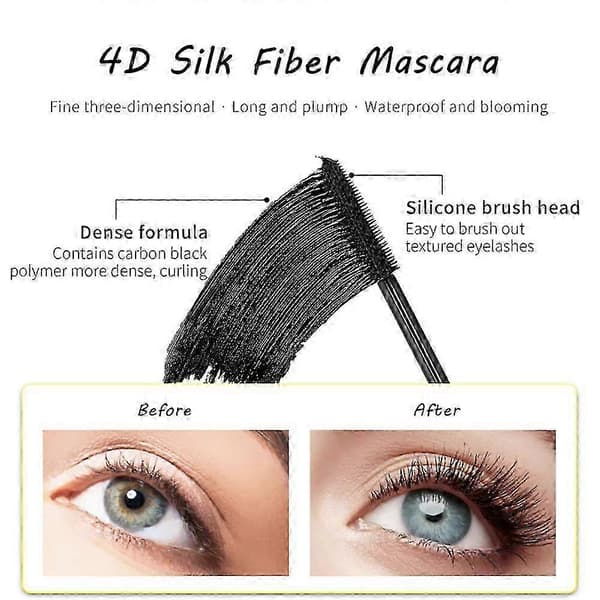 Vanntett 4D Silkefiber Mascara, Langvarig Volum og Lengde, SmudgeProof, Hypoallergenisk