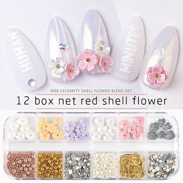 Smyckeskrin med färgade blommor formade nagelstenar, blandad låda för nagelkonst