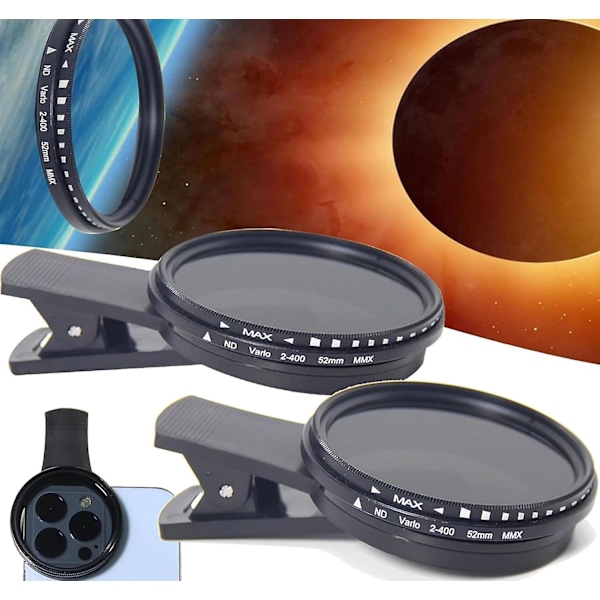 Klipp-på-lins för mobilkamera, Solförmörkelse-bildlins för smartphone, 52mm Universal mobiltelefon Nd2-400 linsfilter 2pcs