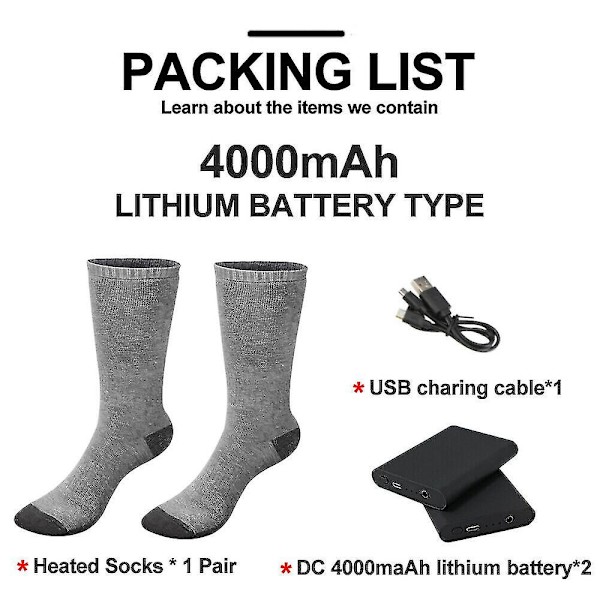 4000mah sähkölämmitteiset sukat, saappaat, jalkalämmitin, USB-ladattava akku, lämmin sukka Gray with 4000mAh Battery