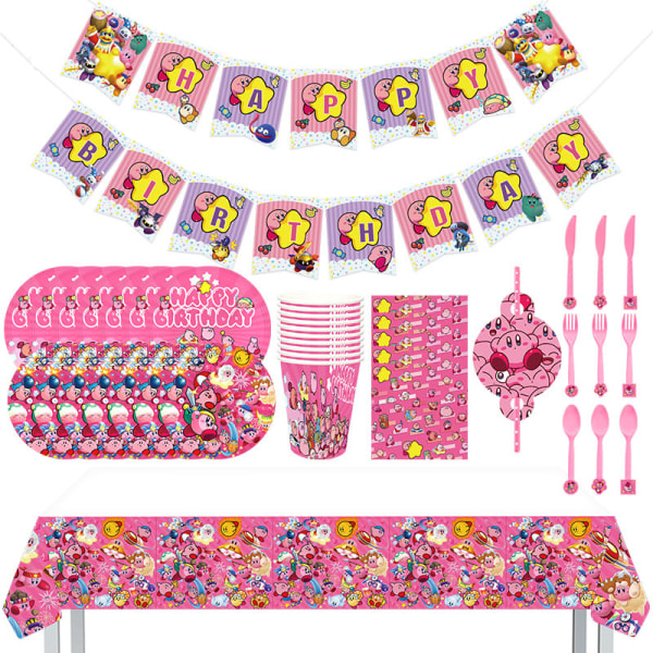 Kirby-tema festartiklar engångsbruk papper tallrik papper kopp silkespapper PE duk banderoll