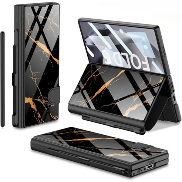 Fodral för Samsung Galaxy Z Fold 6 med pennfack, Z Fold 6 fodral pläterat glas hybridläder All-Inclusive fodral med skärmskydd black gold