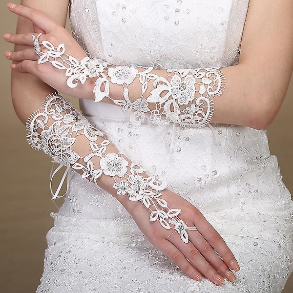 1 par vita spetsblommiga brudbröllopsfestklänning fingerlösa handskar bröllopsklänningstillbehör spets handskar ff t ZD